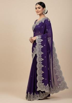 Blue Sequin Work Satin Saree Set