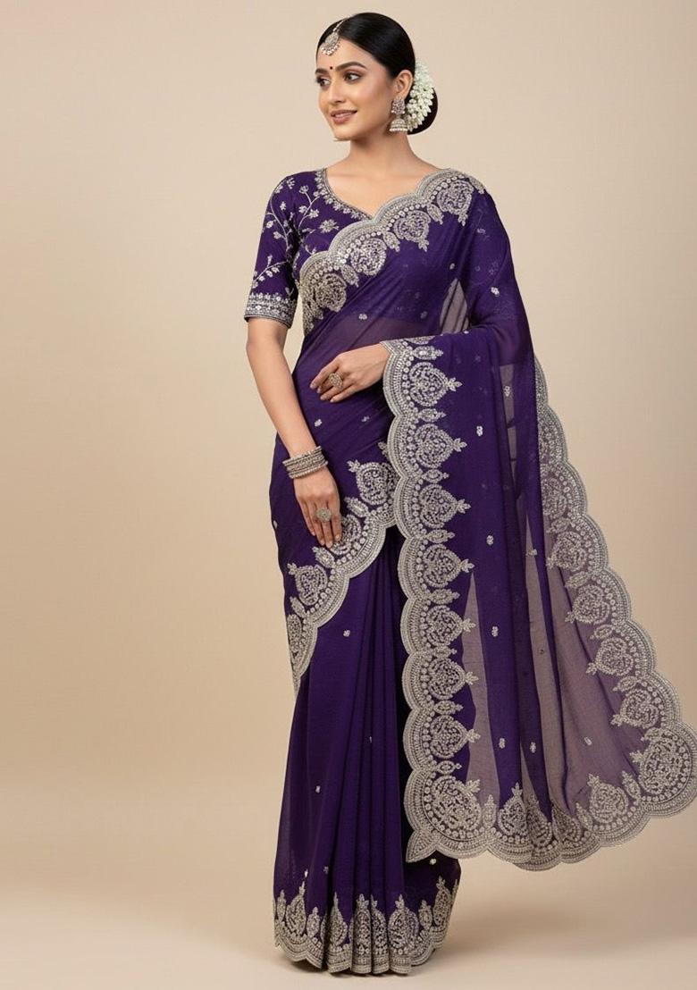 Blue Sequin Work Satin Saree Set - Indya
