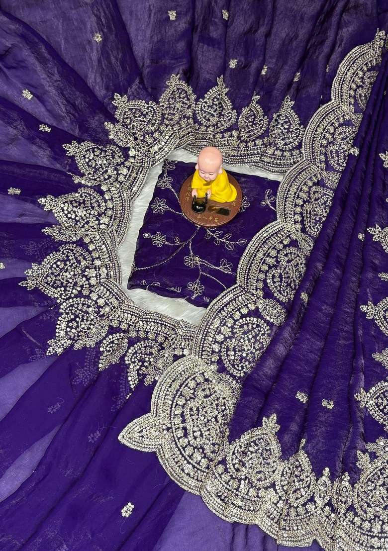 Blue Work Satin Saree Set with Sequin for Diwali | Wedding & Festive Wear - Indya