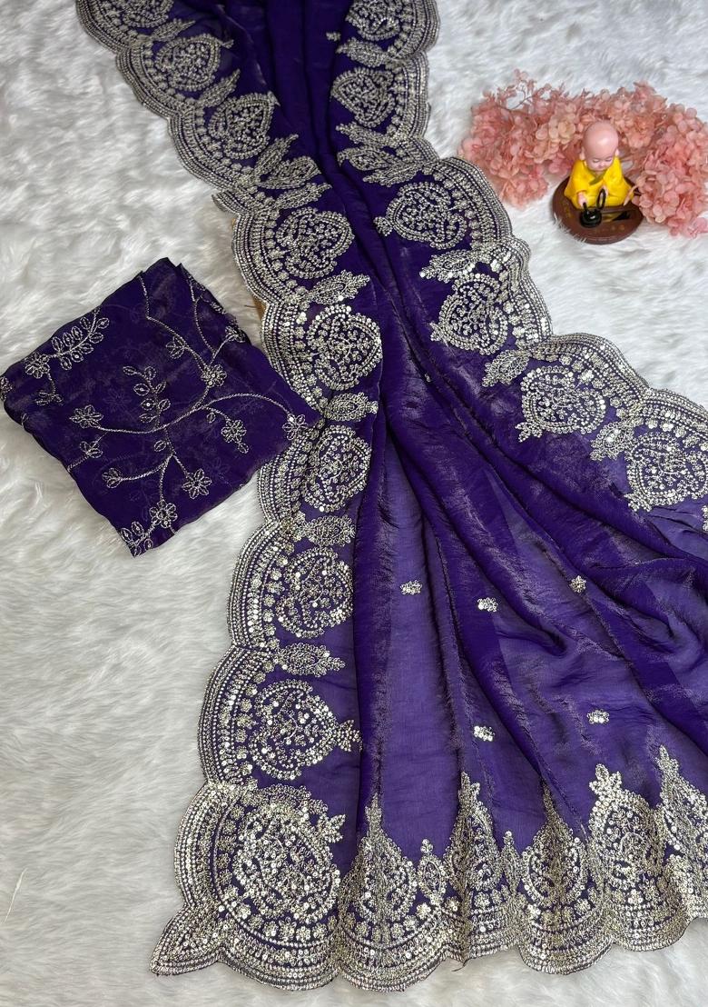 Blue Sequin Work Satin Saree Set - Indya