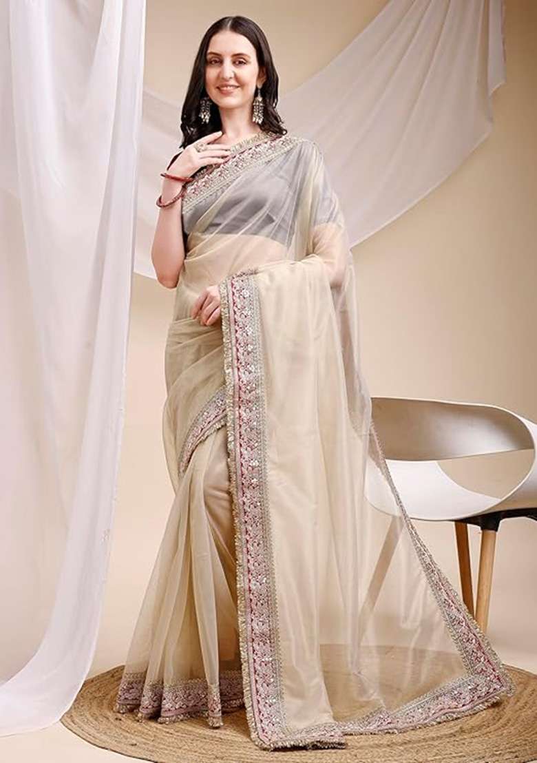 White Work Silk Saree Set with Sequin for Diwali | Wedding & Festive Wear - Indya