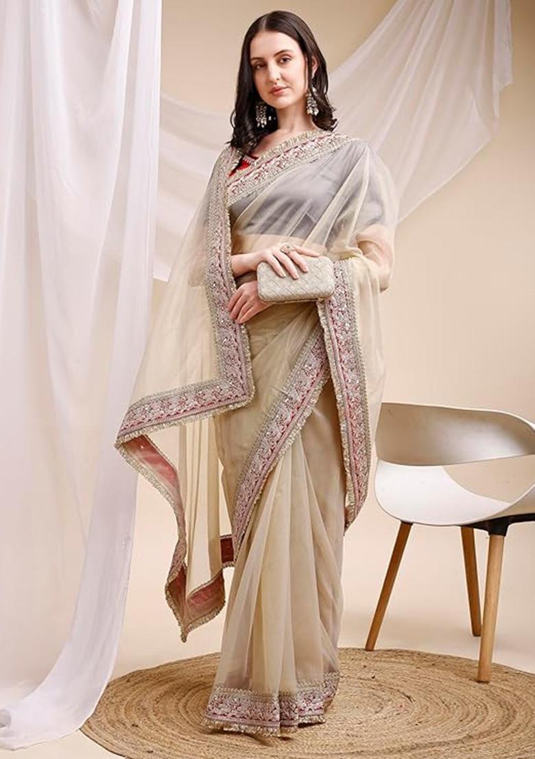 White Sequin Work Silk Saree Set - Indya