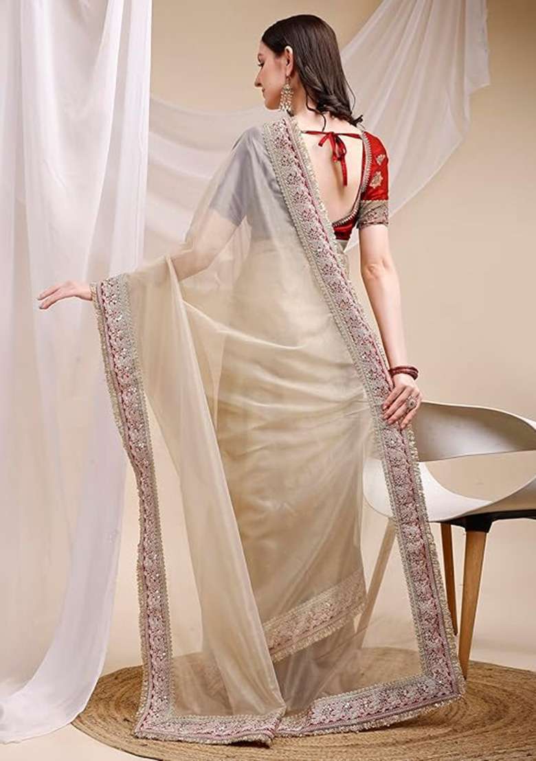 White Work Silk Saree Set with Sequin for Diwali | Wedding & Festive Wear - Indya