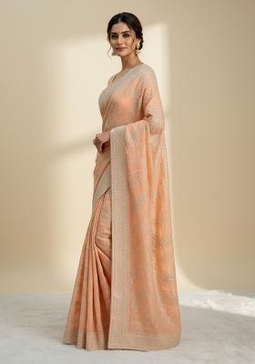 Orange Embroidered Silk Saree Set