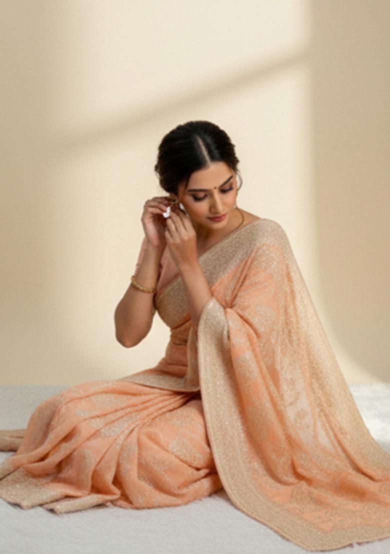 Orange Embroidered Silk Saree Set - Indya