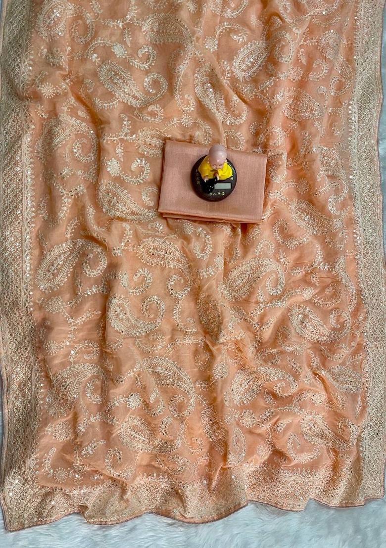 Orange Embroidered Silk Saree Set - Indya