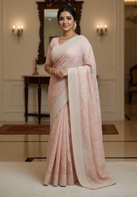 Pink Embroidered Silk Saree Set