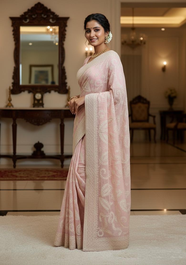 Pink Embroidered Silk Saree Set - Indya