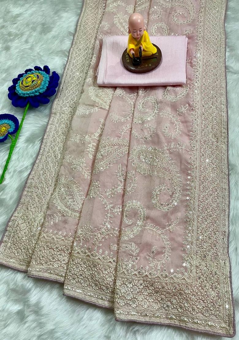 Pink Embroidered Silk Saree Set - Indya