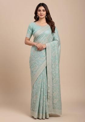 Sky Blue Embroidered Silk Saree Set
