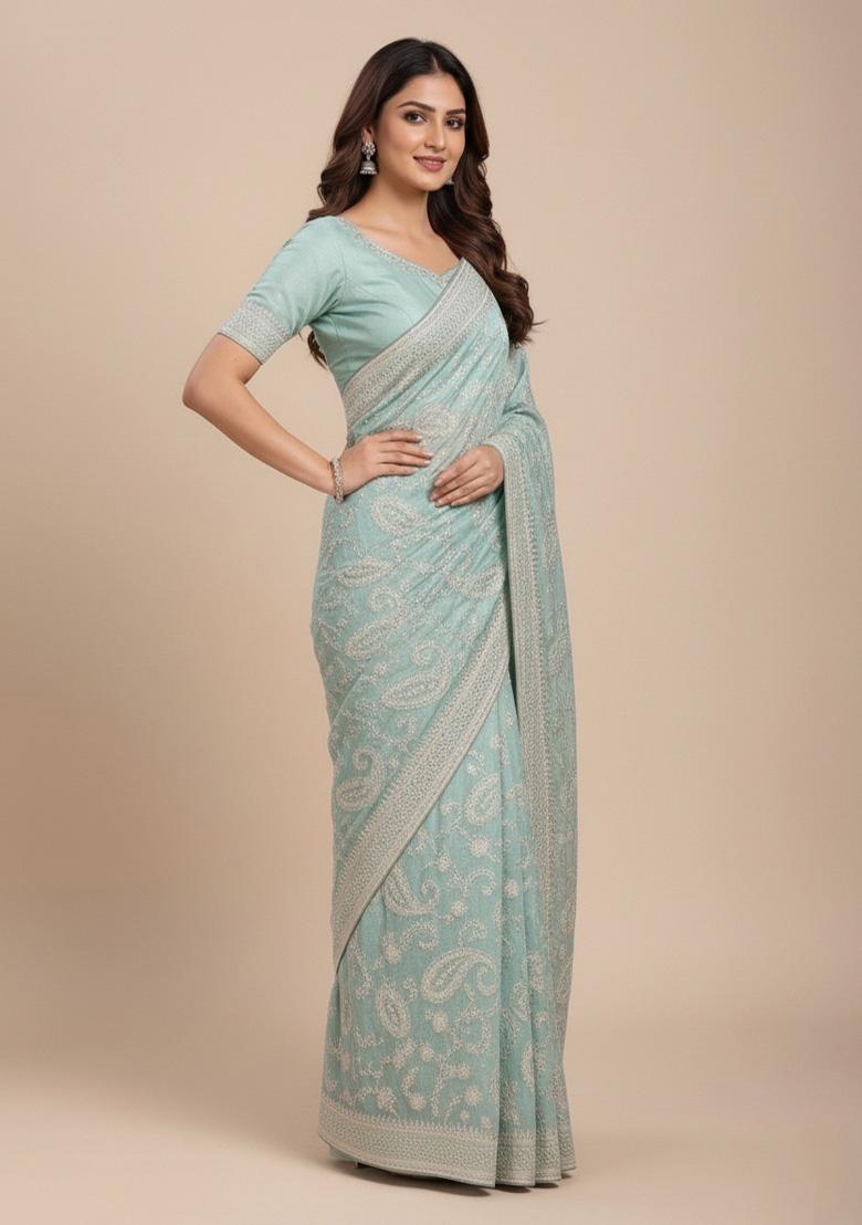 Sky Blue Embroidered Silk Saree Set - Indya