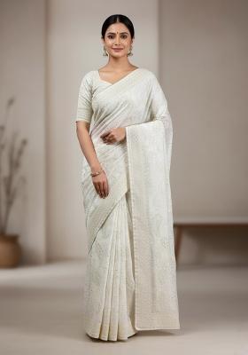White Embroidered Silk Saree Set
