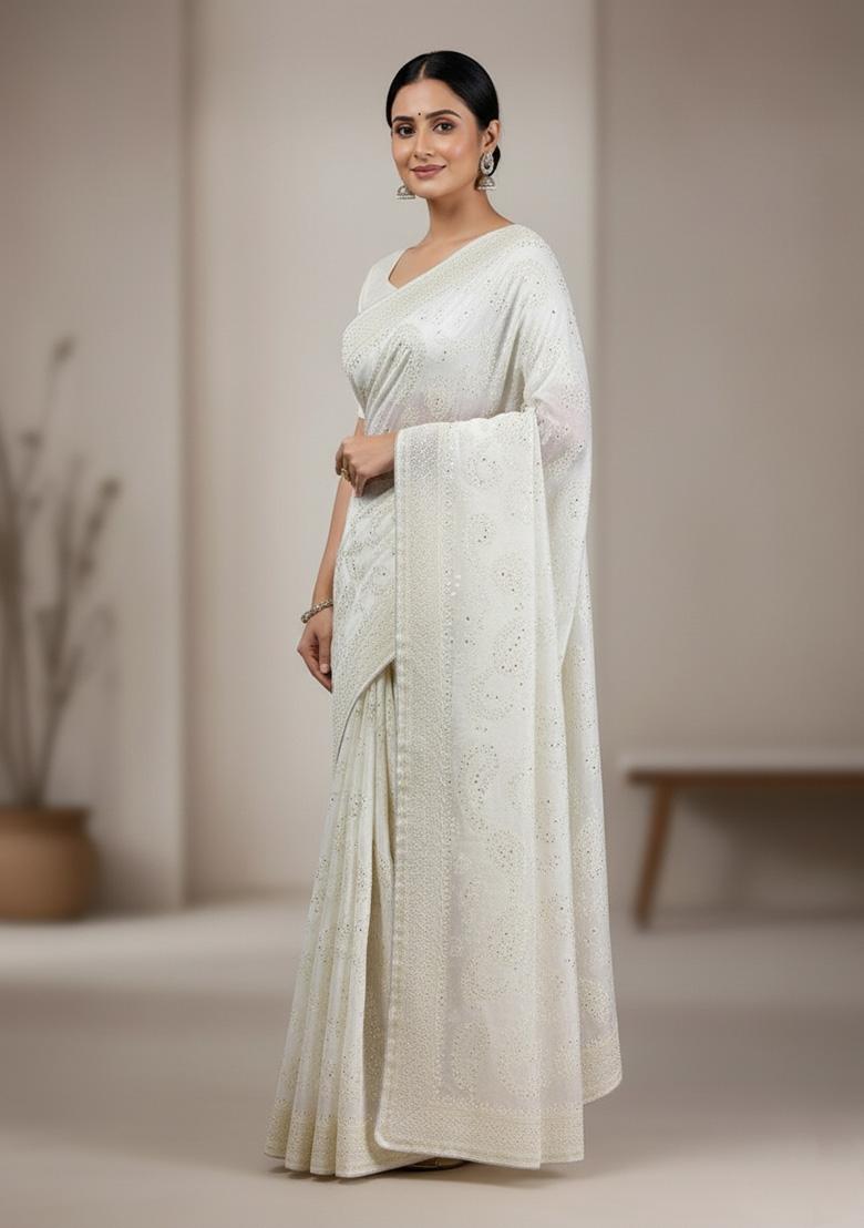 White Embroidered Silk Saree Set - Indya