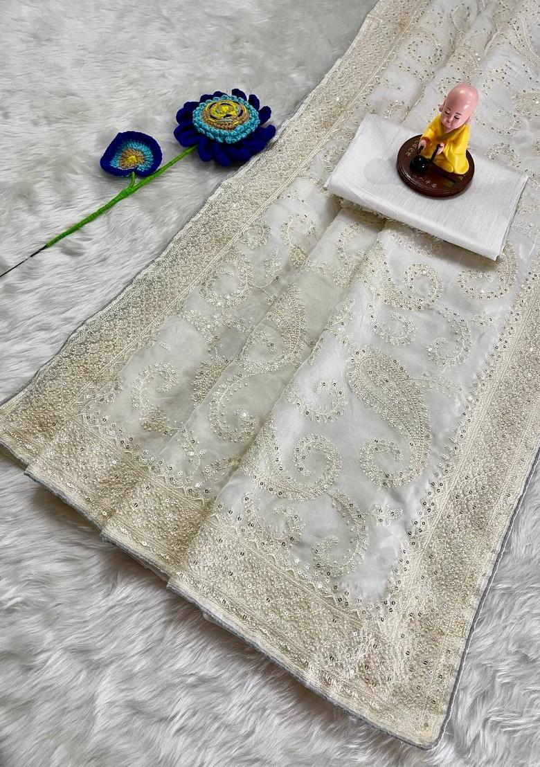 White Embroidered Silk Saree Set - Indya