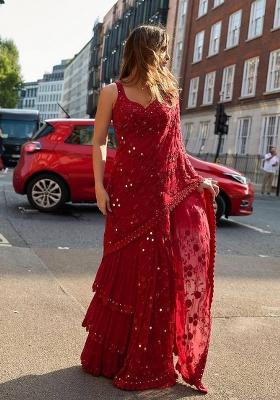 Red Embroidered Silk Saree Set