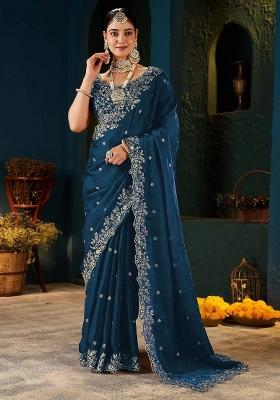 Blue Embroidered Satin Saree Set