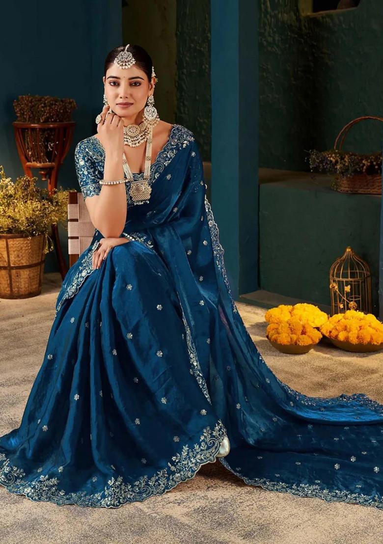 Blue Embroidered Satin Saree Set - Indya