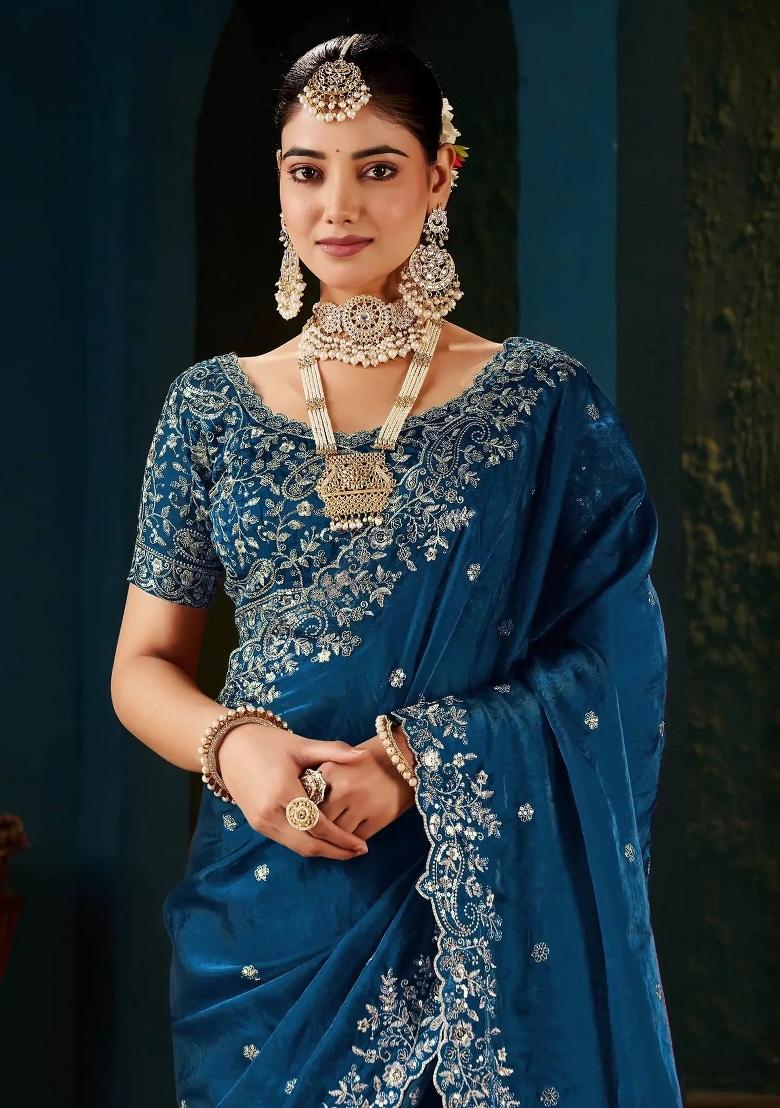 Blue Embroidered Satin Saree Set - Indya