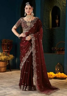 Maroon Embroidered Satin Saree Set