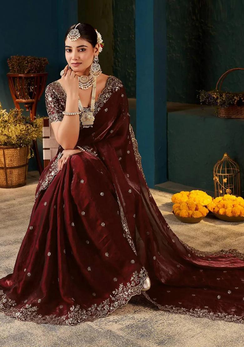 Maroon Embroidered Satin Saree Set - Indya