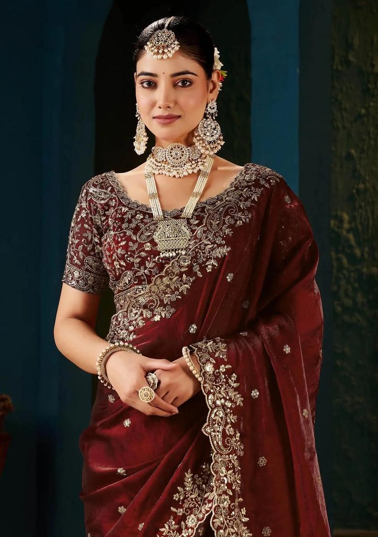 Maroon Embroidered Satin Saree Set - Indya