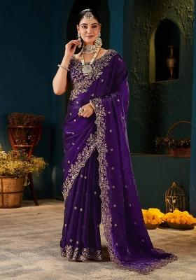Purple Embroidered Satin Saree Set
