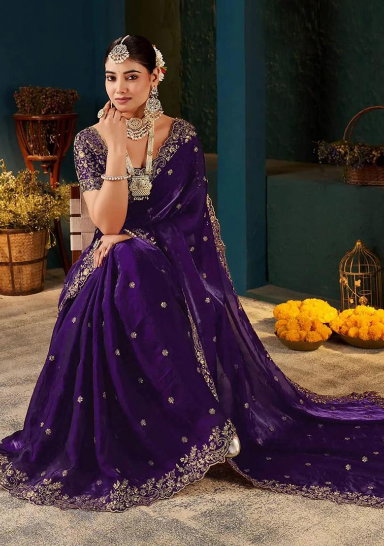 Purple Embroidered Satin Saree Set - Indya