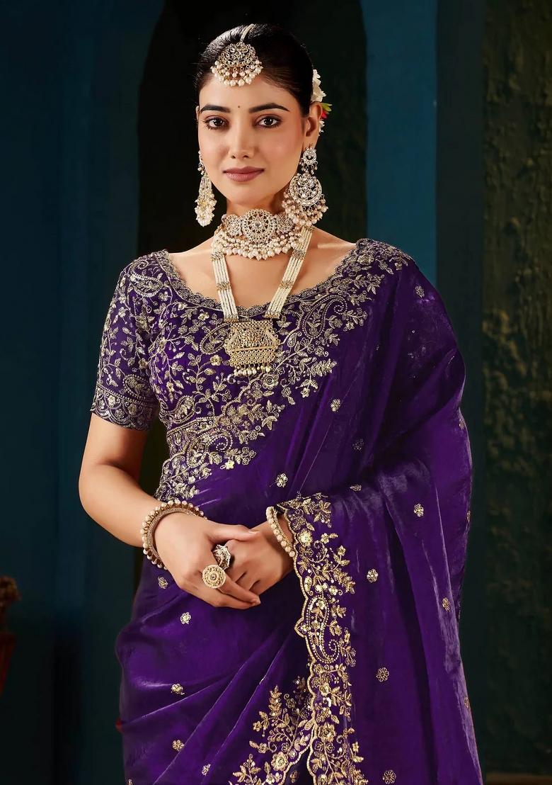 Purple Embroidered Satin Saree Set - Indya
