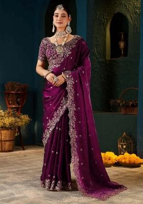 Wine Embroidered Satin Saree Set