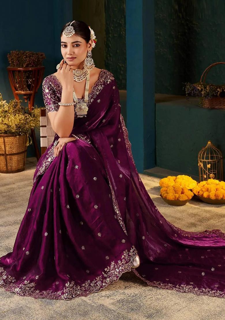 Wine Embroidered Satin Saree Set - Indya