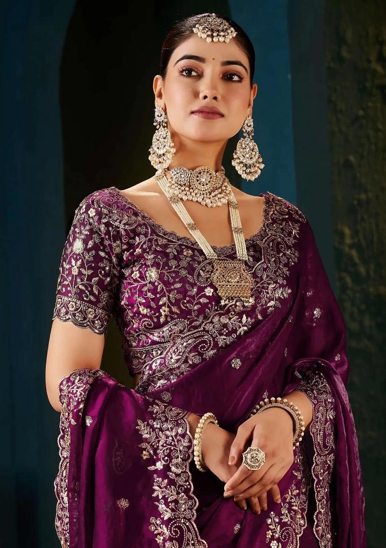 Wine Embroidered Satin Saree Set - Indya