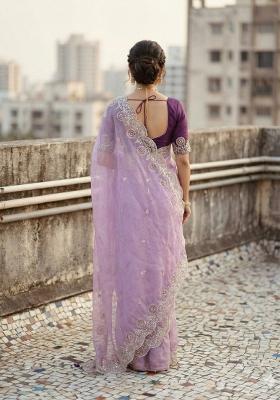 Purple Embroidered Pashmina Saree Set