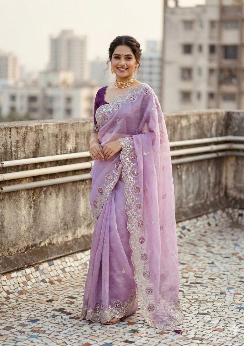 Purple Embroidered Pashmina Saree Set - Indya