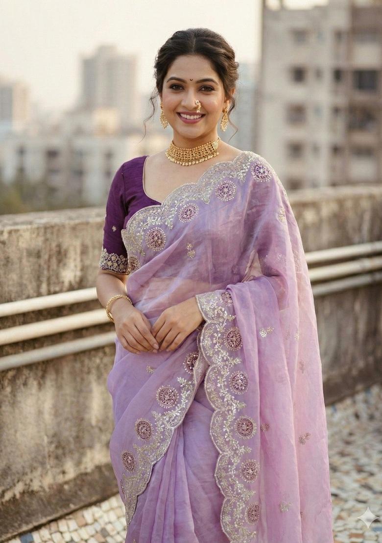 Purple Embroidered Pashmina Saree Set - Indya