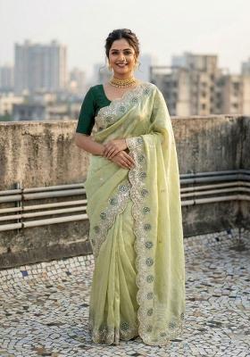 Green Embroidered Pashmina Saree Set