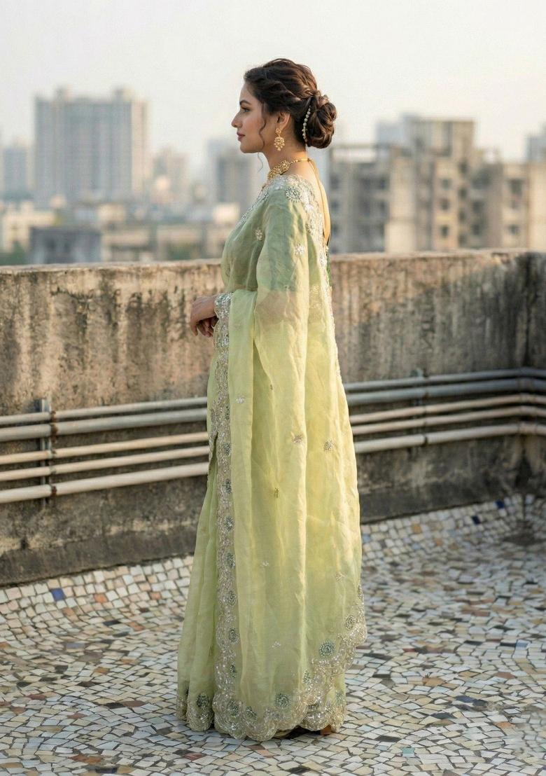 Green Embroidered Pashmina Saree Set - Indya