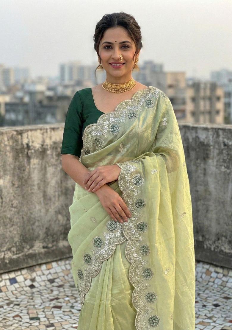 Green Embroidered Pashmina Saree Set - Indya