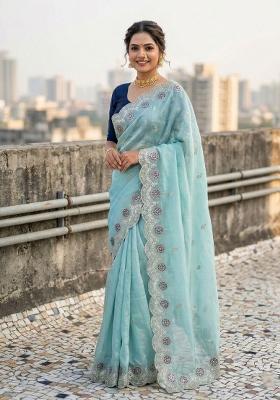 Sky Blue Embroidered Pashmina Saree Set