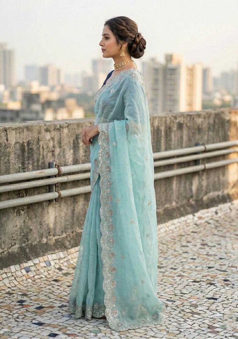 Sky Blue Embroidered Pashmina Saree Set - Indya