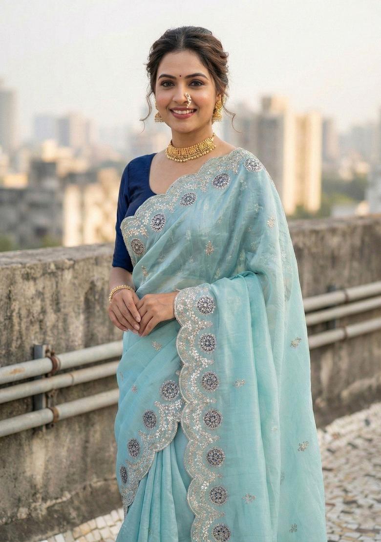 Sky Blue Embroidered Pashmina Saree Set - Indya