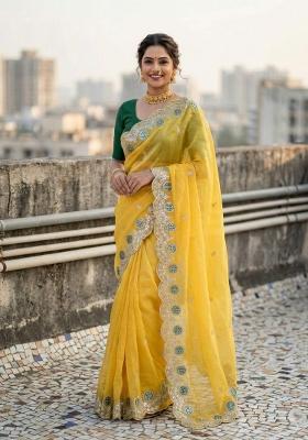 Yellow Embroidered Pashmina Saree Set
