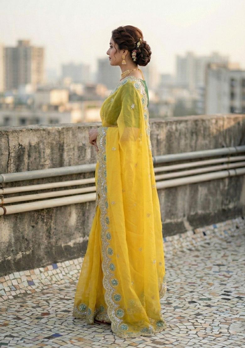 Yellow Embroidered Pashmina Saree Set - Indya