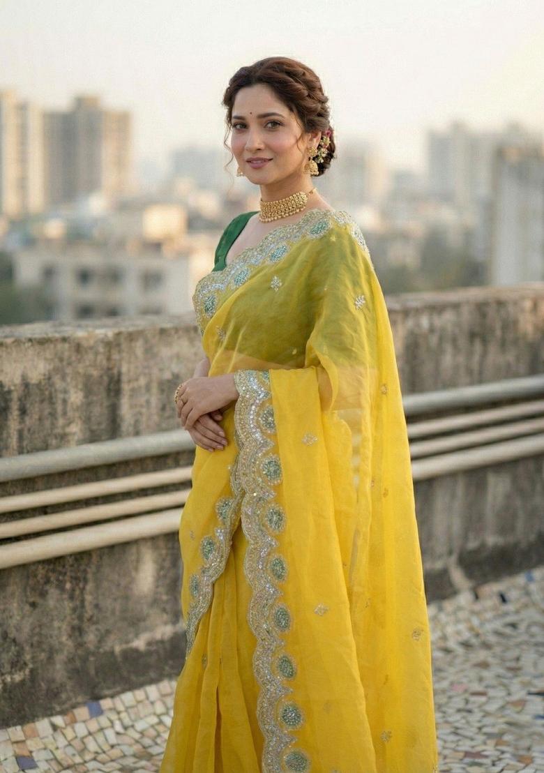 Yellow Embroidered Pashmina Saree Set - Indya