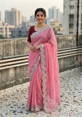 Pink Embroidered Pashmina Saree Set