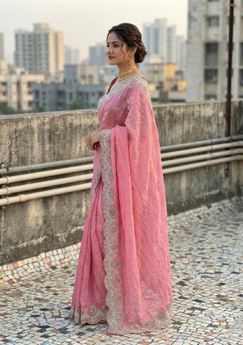 Pink Embroidered Pashmina Saree Set - Indya