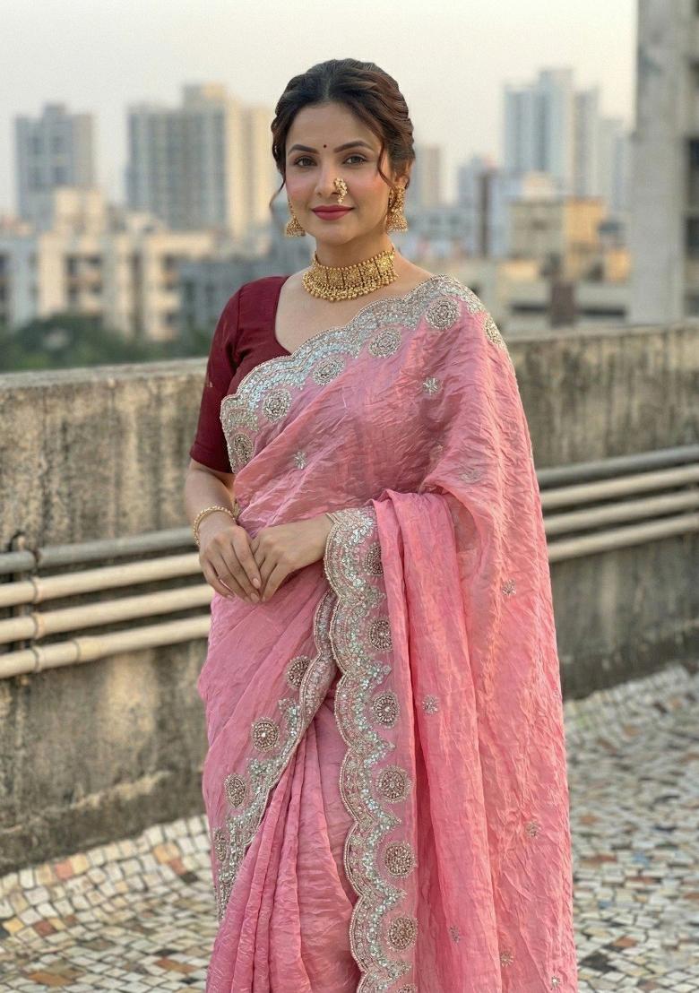 Pink Embroidered Pashmina Saree Set - Indya