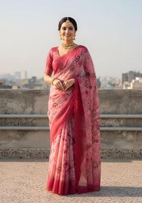 Pink Printed Silk Saree Set