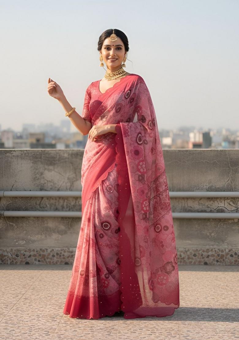 Pink Printed Silk Saree Set - Indya