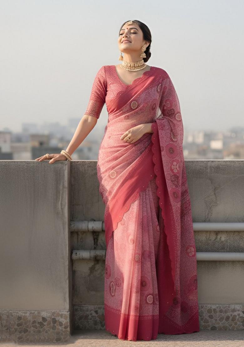 Pink Printed Silk Saree Set - Indya
