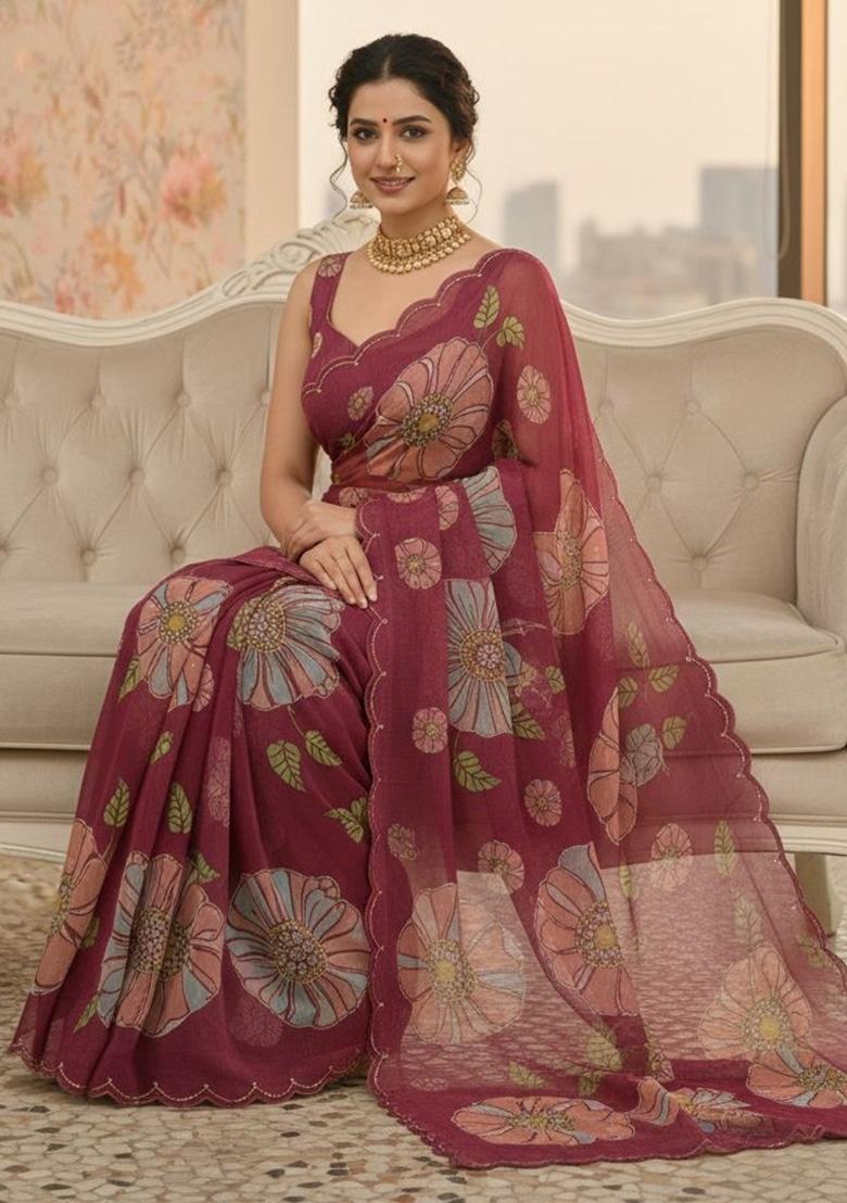 Pink Sequin Work Organza Saree Set - Indya